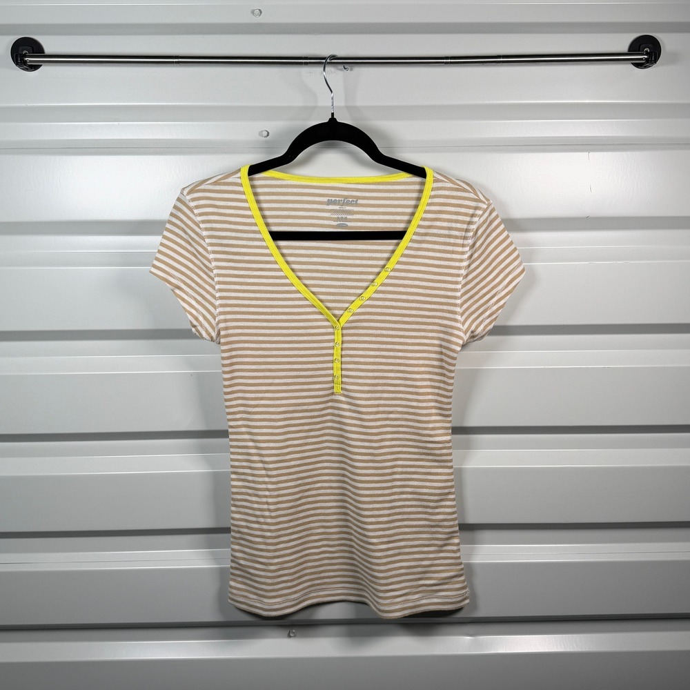 Old Navy Perfect Henley Shirt Womens Medium Tan White Striped Neon Yellow Trim